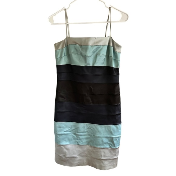 OLEG CASSINI Horizontal Colorblock Knee Length Spaghetti Strap DRY CLEANED Sz 8 - Picture 1 of 7